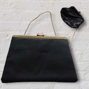 VINTAGE 60s Black Satin Gold Clasp Clutch Handbag Purse Small Change Purse